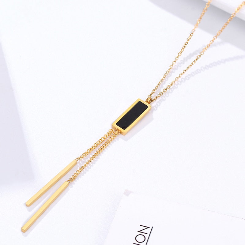 New Arrival  Women's Elegant Black Square Hanging Double Chain Pendant Necklace
