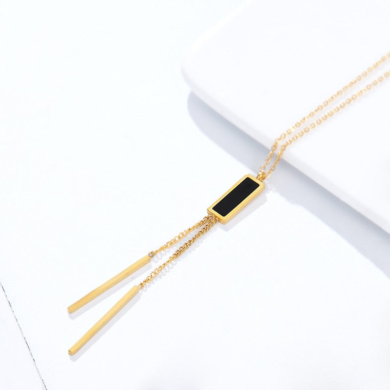 New Arrival  Women's Elegant Black Square Hanging Double Chain Pendant Necklace